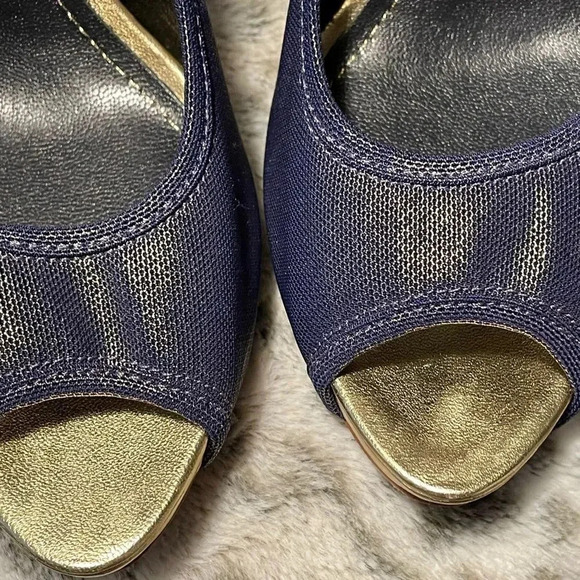 REPORT SIGNATURE TOLUCA2 PEEP TOE HEELS METALLIC GOLD AND DENIM BLUE SIZE 8 - Picture 9 of 15